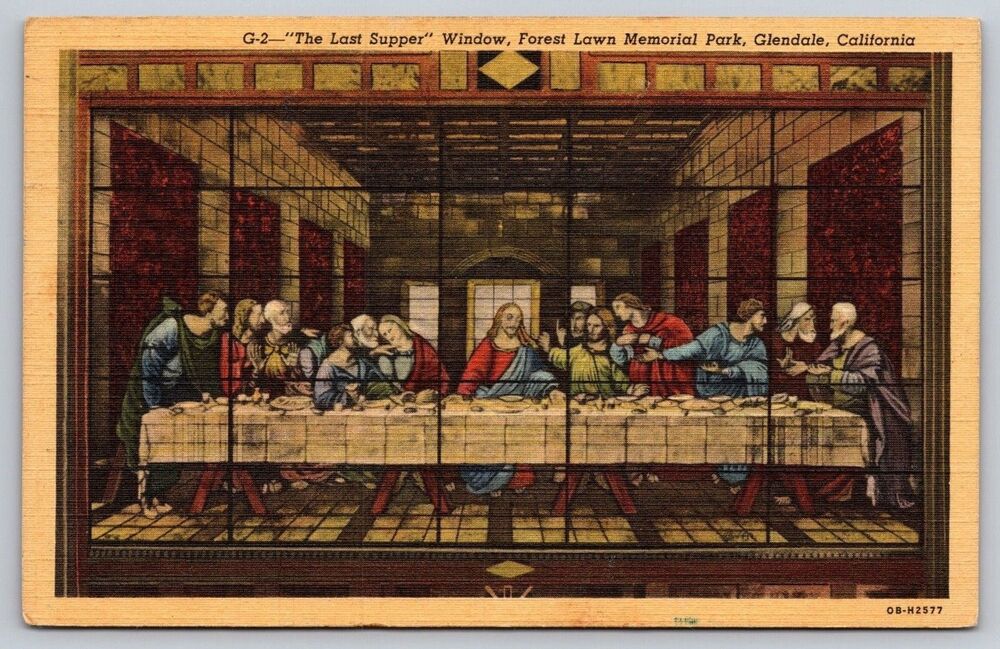 Vtg 1940s Linen Postcard The Last Supper Stained Glass Forest Lawn Glendale CA